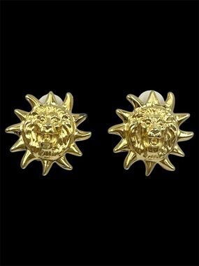 Vintage Anne Klein Lions Head Sun Burst Gold Tone Clip On Earrings